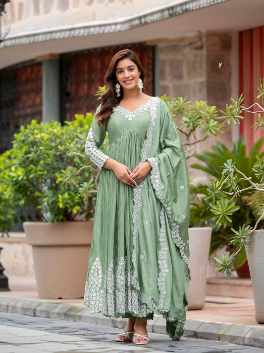 Sparkling Green embroidered Anarkali suit set :-5020