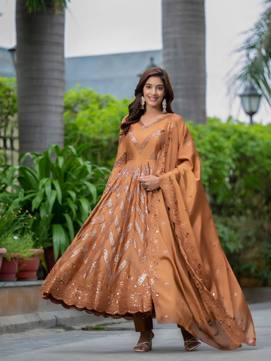 Sakhi Brown heavy embroidered Anarkali suit set